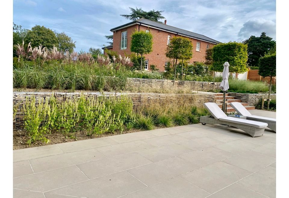 Terraced Pool Garden - Box Trees line the steps Terraced Pool Garden - Box Trees line the steps