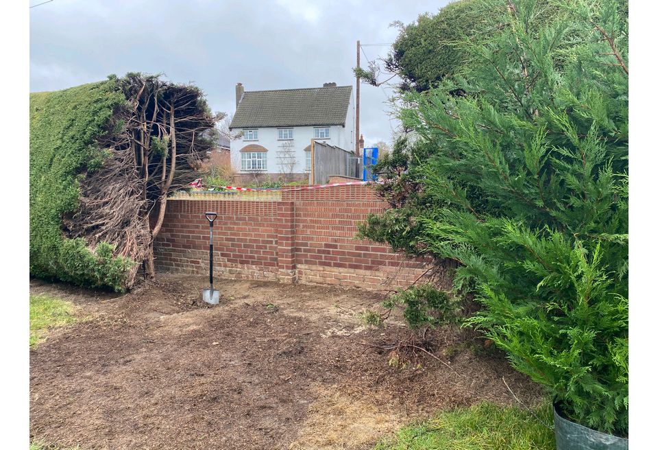 Plants were cleared and after the wall was rebuilt the ground was prepared for replanting Plants were cleared and after the wall was rebuilt the ground was prepared for replanting